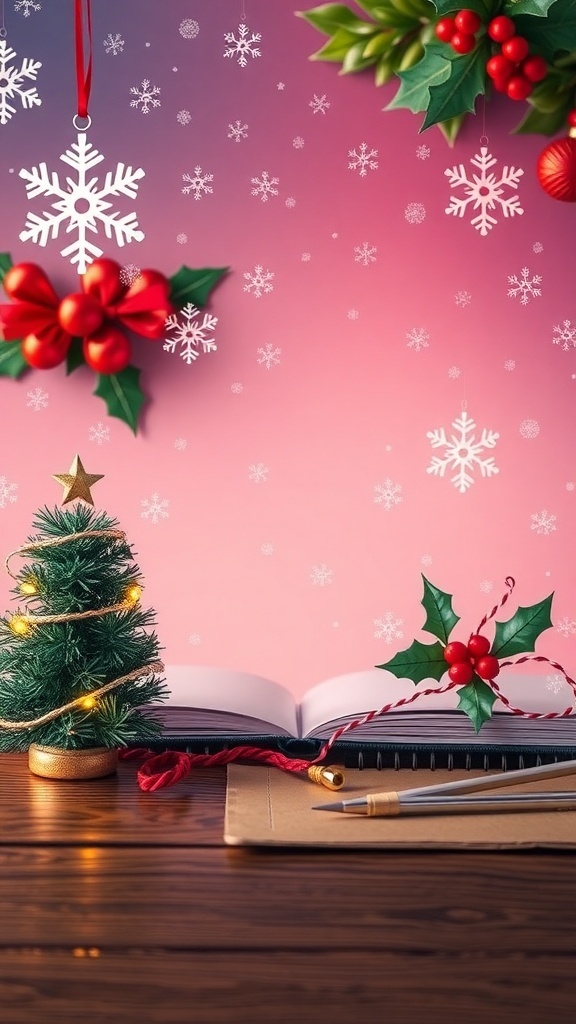 Christmas-themed journal background with snowflakes and ornaments on a wooden table.